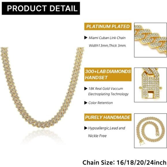 Gold Cuban Link Chain For Men Women Iced Out Chain Miami Cuban Necklace - Picture 5 of 5